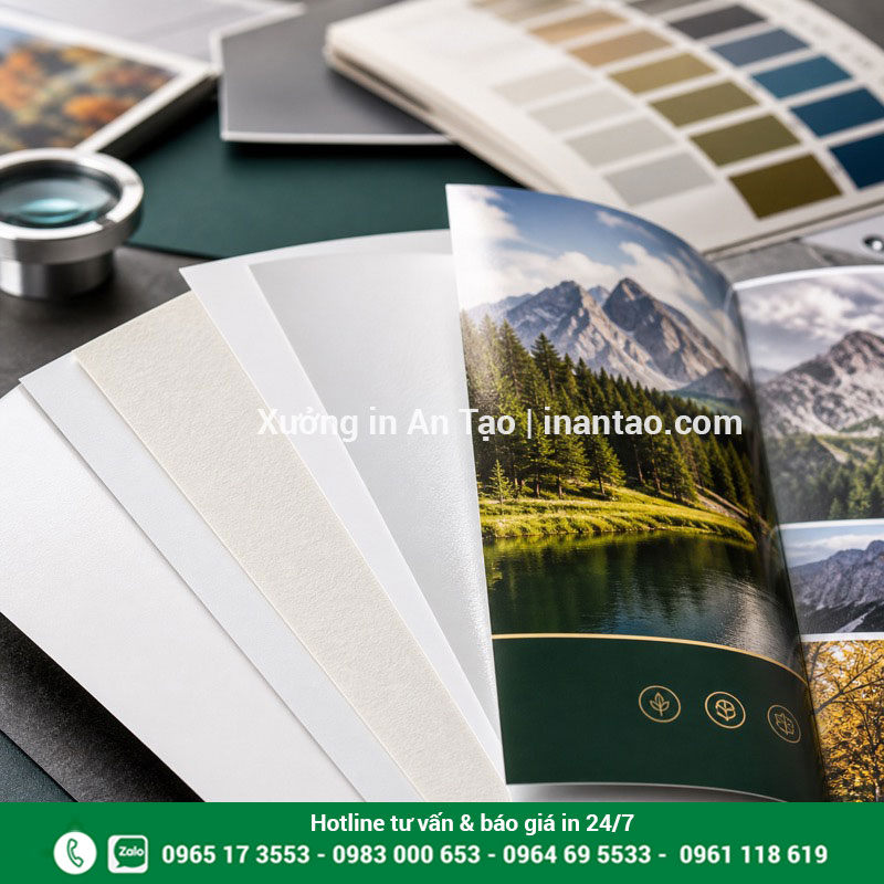 Chất liệu giấy in brochure Mẫu giấy Couche và giấy mỹ thuật dùng để in brochure