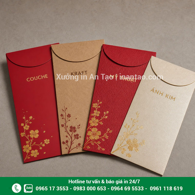 Chất liệu giấy in bao lì xì theo yêu cầu Các chất liệu giấy dùng in bao lì xì gồm Couche Kraft mỹ thuật và ánh kim