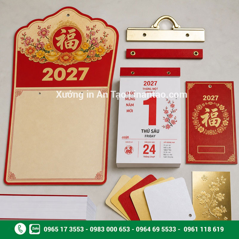 Chất liệu và gia công in lịch bloc Chất liệu bìa giấy bloc nẹp và mẫu ép nhũ lịch bloc