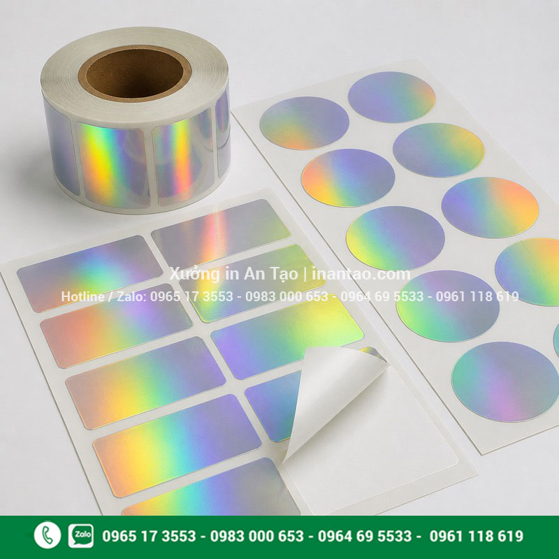 Cận cảnh vật liệu decal tem 7 màu trước khi in và bế Decal tem 7 màu dạng cuộn, dạng tờ và lớp keo mặt sau