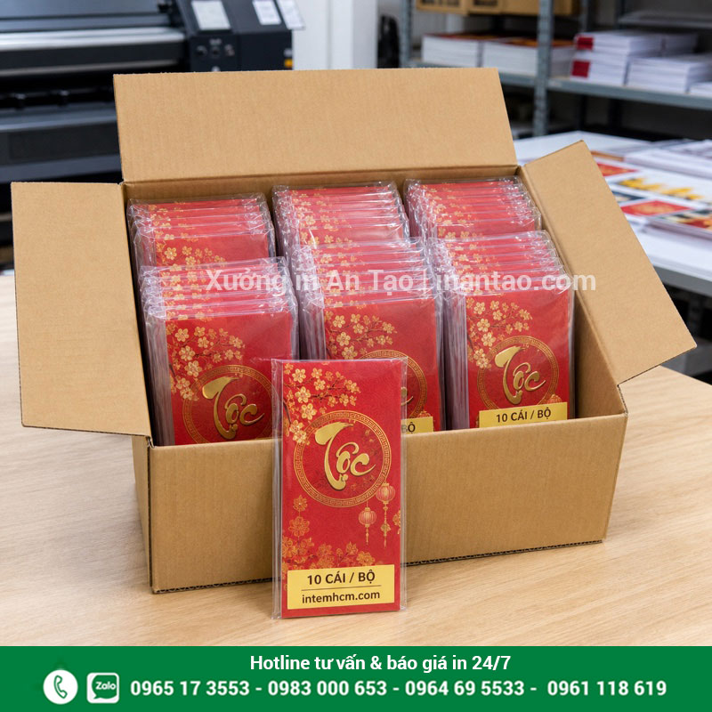 Đóng gói bao lì xì thành phẩm giao khách Đóng gói đơn in bao lì xì giá sỉ theo bộ tại xưởng