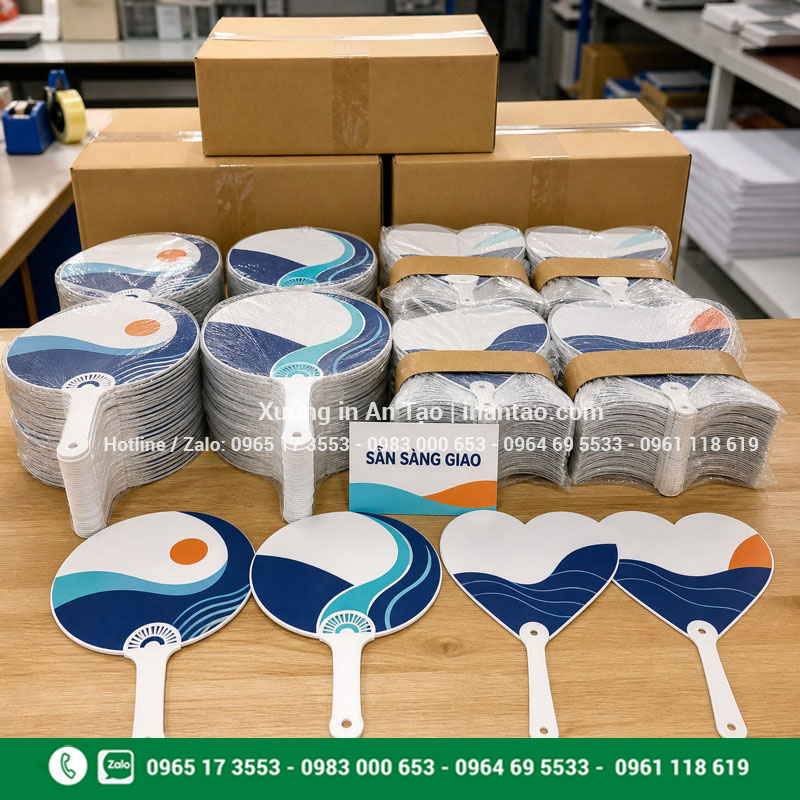 Đơn quạt nhựa quảng cáo đã hoàn thiện Đóng gói quạt nhựa quảng cáo hoàn thiện sẵn sàng giao