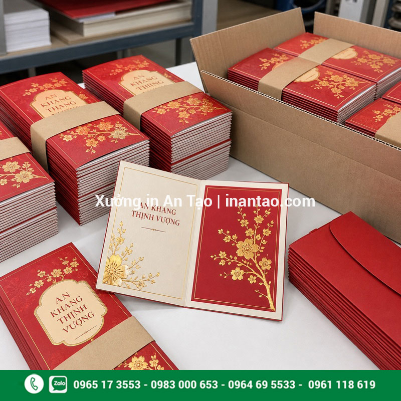 Kiểm tra và đóng gói thiệp chúc mừng trước khi giao Thiệp chúc mừng hoàn thiện được kiểm tra và đóng gói cùng bao thư