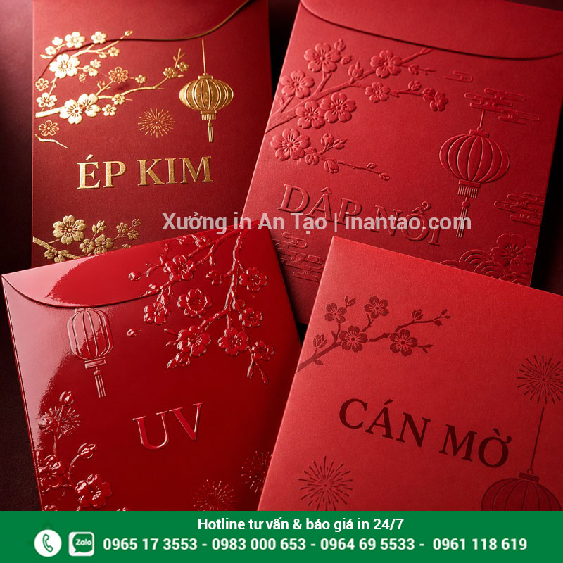 Gia công bao lì xì cao cấp sau in Mẫu in bao lì xì ép kim dập nổi UV và cán mờ
