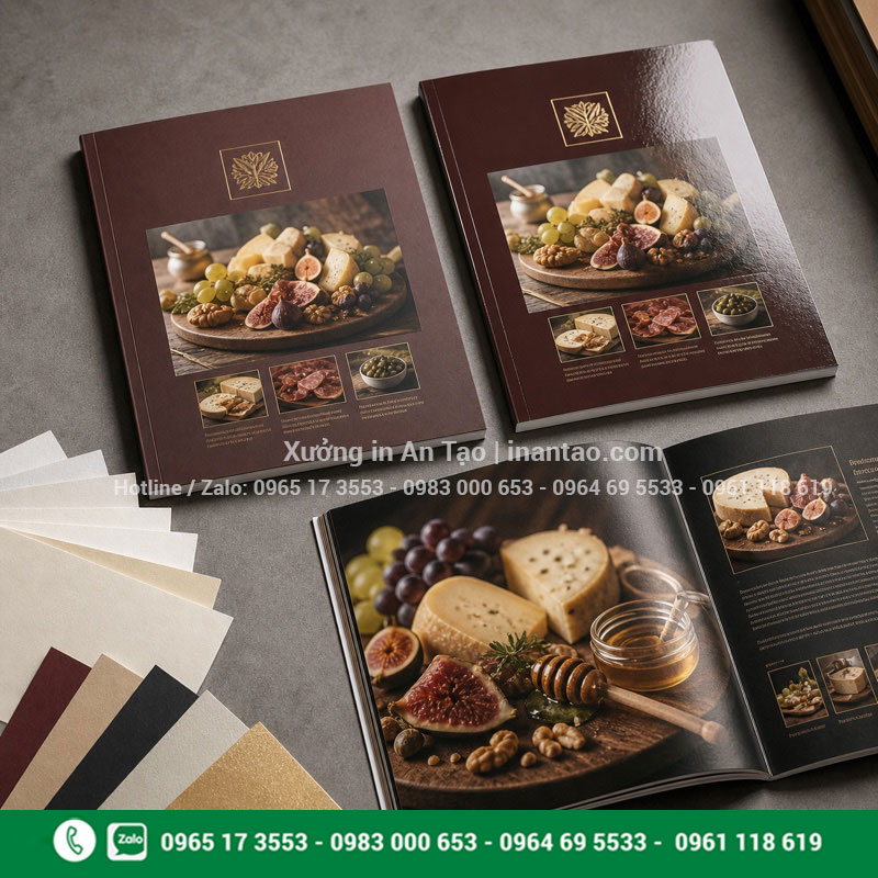 Giấy in catalogue cán mờ và cán bóng Giấy in catalogue và bìa cán mờ cán bóng đặt cạnh nhau