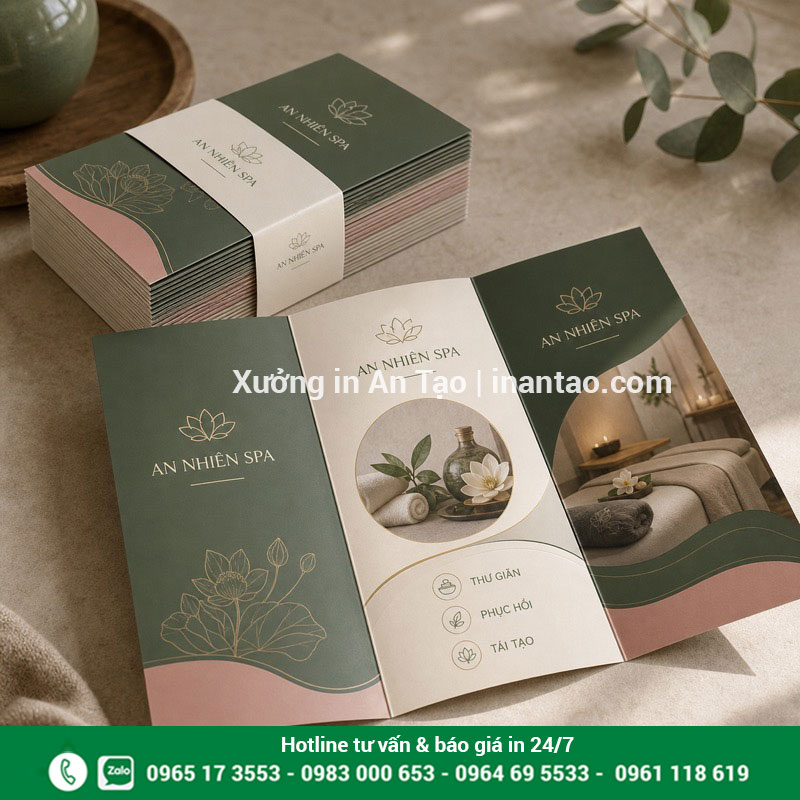 In brochure số lượng ít theo yêu cầu Chồng brochure gấp ba được in số lượng ít cho spa