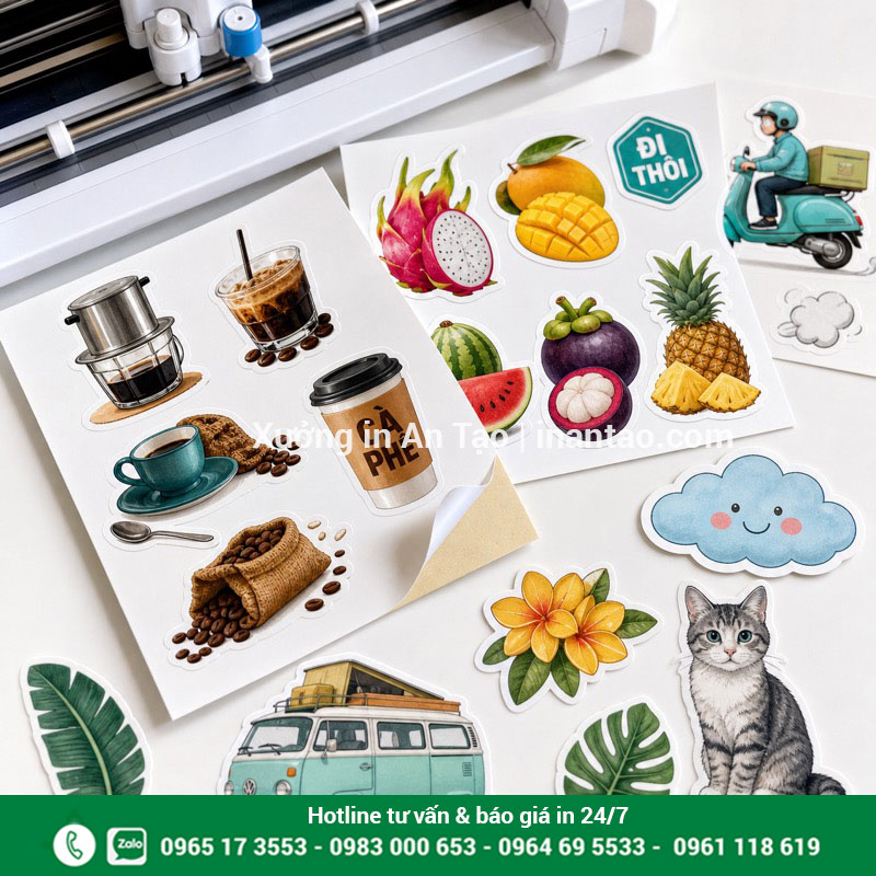 In decal sticker bế demi và bế rời sắc nét Mẫu in decal sticker bế theo hình nhiều màu