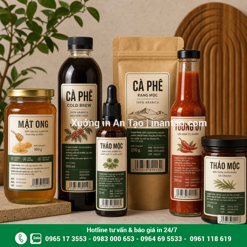 Mẫu in decal tem nhãn bao bì hoàn chỉnh In decal tem nhãn dán chai lọ hộp túi theo yêu cầu
