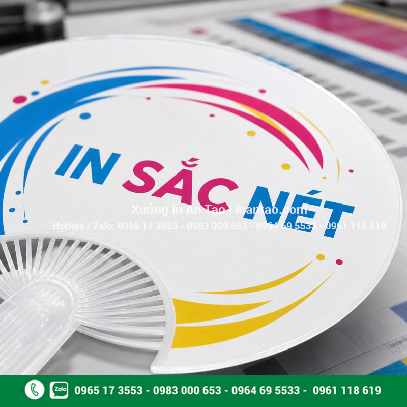 Chất lượng in logo lên quạt Cận cảnh in logo lên quạt sắc nét bằng hệ màu CMYK