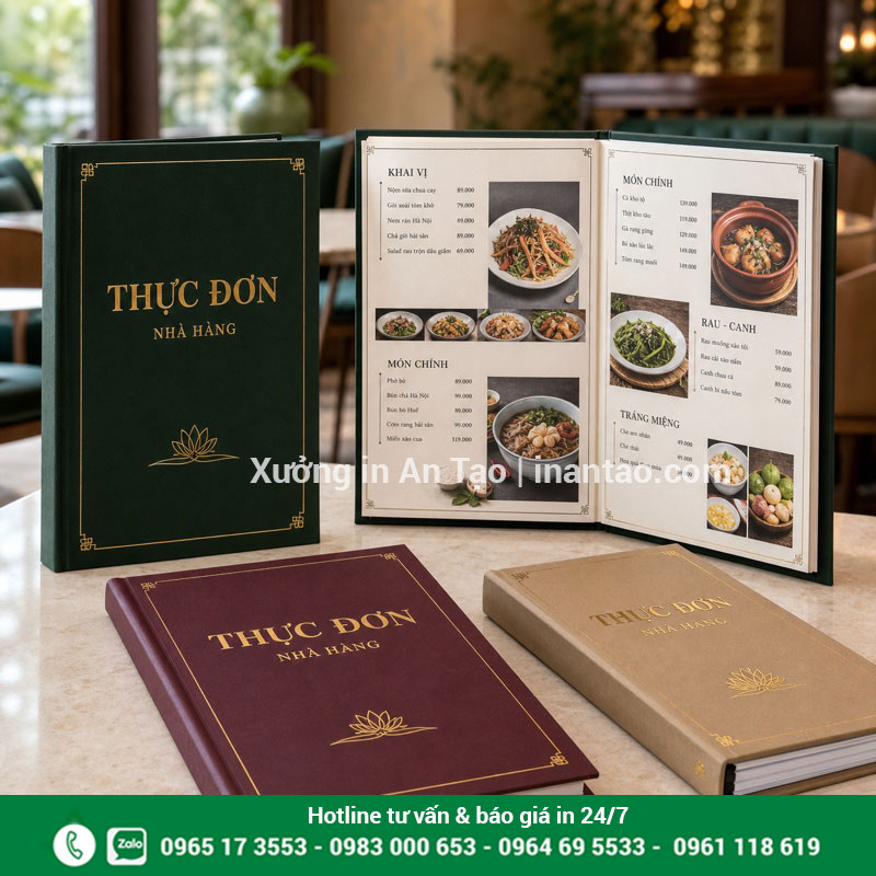In menu bìa cứng hoàn thiện sắc nét Bộ in menu bìa cứng nhà hàng với bìa dày và ruột in màu