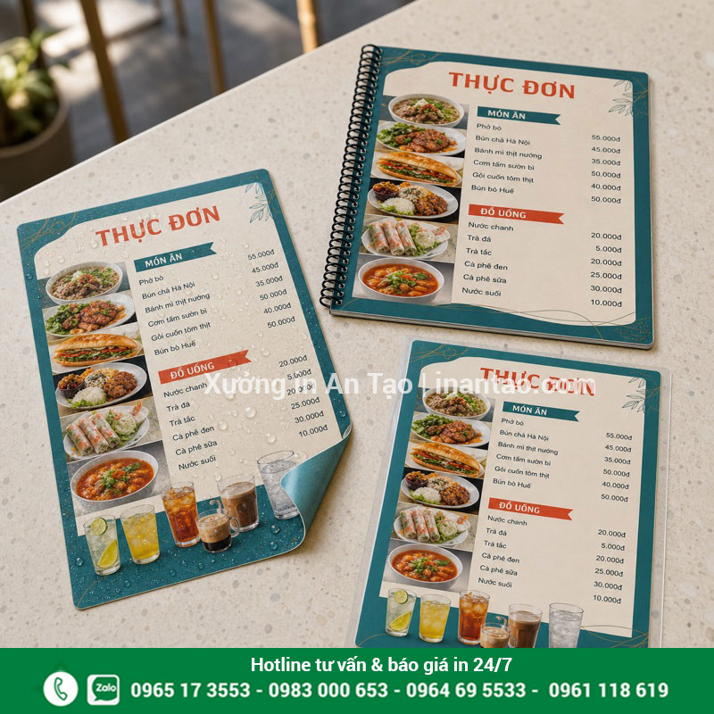 Mẫu in menu giấy nhựa dễ lau sạch In menu giấy nhựa chống nước cho quán ăn và quán nước