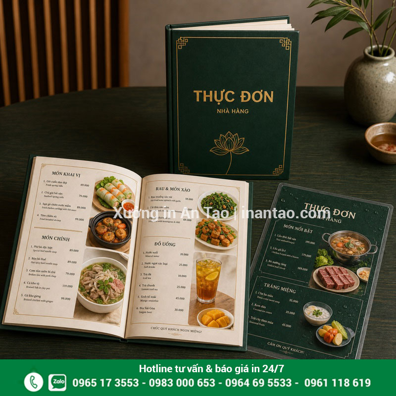 In menu đẹp theo yêu cầu tại intemhcm.com Mẫu in menu nhà hàng hoàn chỉnh gồm bìa cứng và giấy nhựa