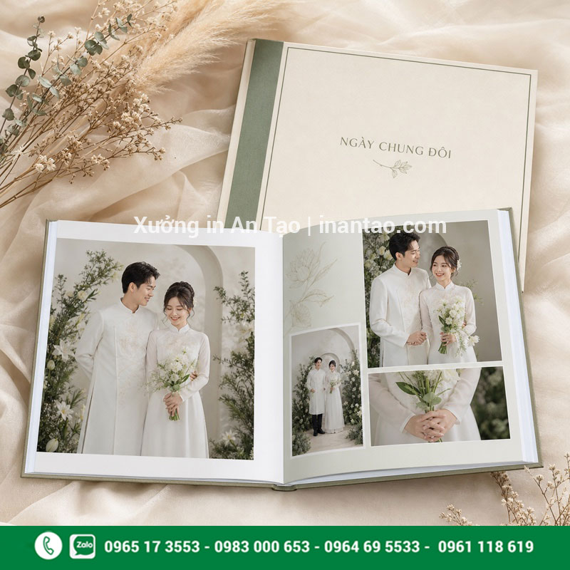 Photobook cưới bìa cứng mở phẳng In photobook cưới mở phẳng với bố cục ảnh cô dâu chú rể