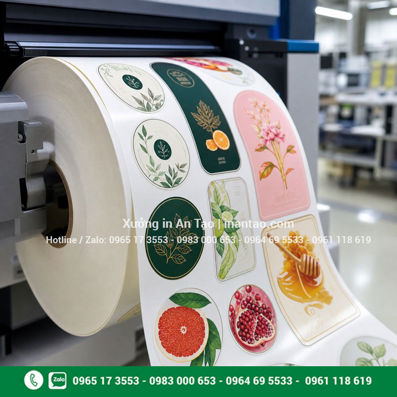 In tem nhãn decal dạng cuộn sắc nét Cuộn in tem nhãn decal được in và bế sắc nét tại xưởng