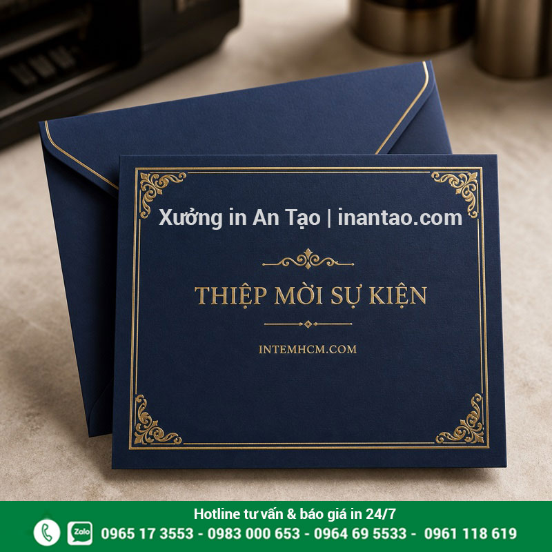 In thiệp mời sự kiện cao cấp tại intemhcm.com Mẫu in thiệp mời sự kiện cao cấp màu xanh navy ép kim vàng