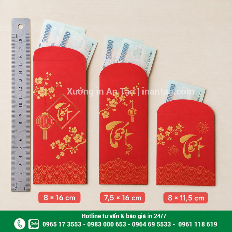 Kích thước in bao lì xì thông dụng So sánh kích thước in bao lì xì phổ biến 8 x 16 cm và 7,5 x 16 cm