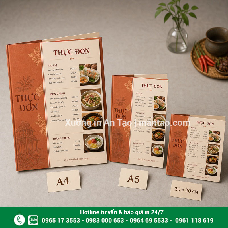 Chọn kích thước in menu phù hợp mặt bàn So sánh kích thước in menu A4 A5 và vuông 20 x 20 cm