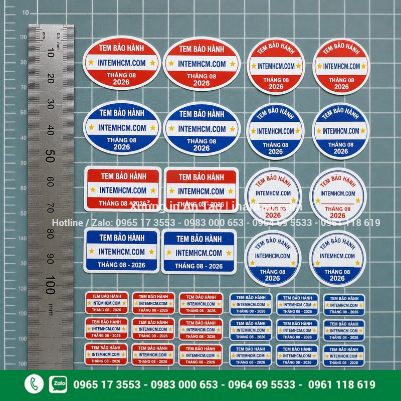 Kích thước in tem bảo hành theo yêu cầu Các kích thước tem bảo hành tròn oval và chữ nhật theo yêu cầu