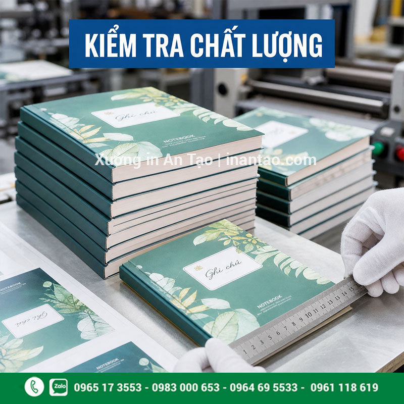 Kiểm tra chất lượng thành phẩm in sổ tay Kiểm tra kích thước, gáy và chất lượng thành phẩm in sổ tay trước khi giao
