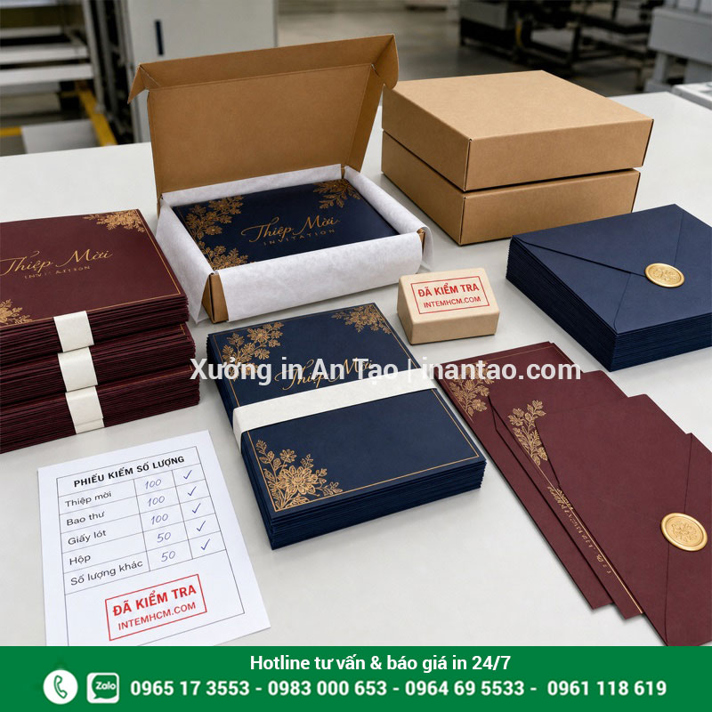 Kiểm phẩm và đóng gói thiệp mời tại intemhcm.com Kiểm tra số lượng và đóng gói thành phẩm in thiệp mời