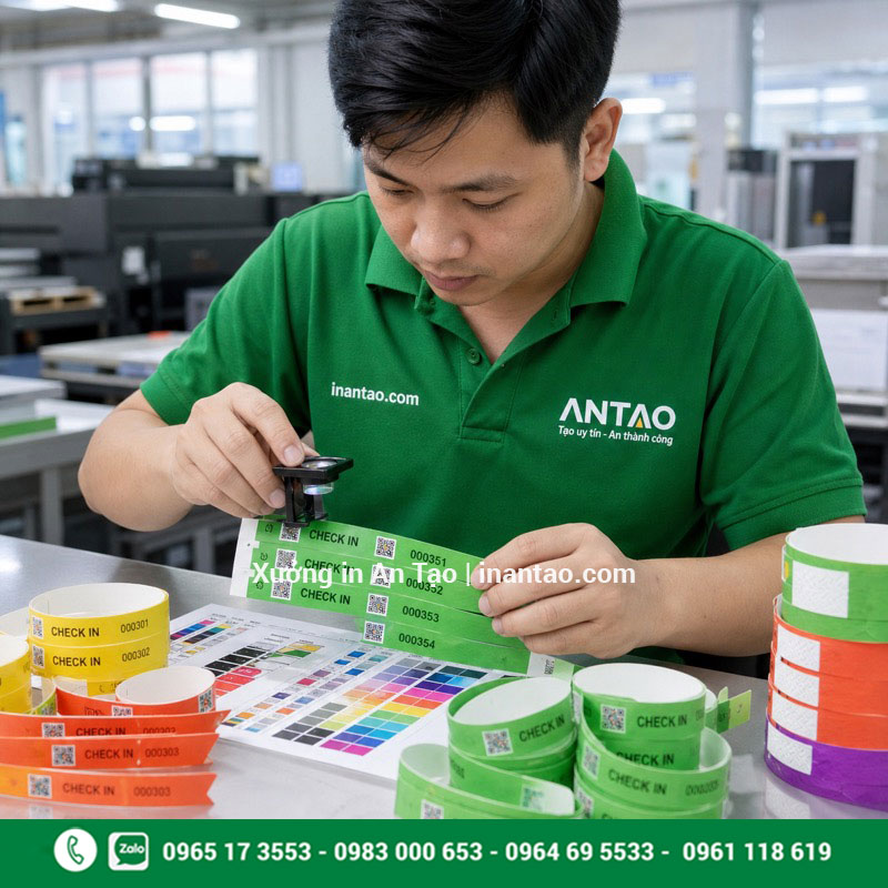 Kiểm tra QR số nhảy và màu vòng tay giấy Kiểm tra chất lượng in vòng tay giấy tại xưởng