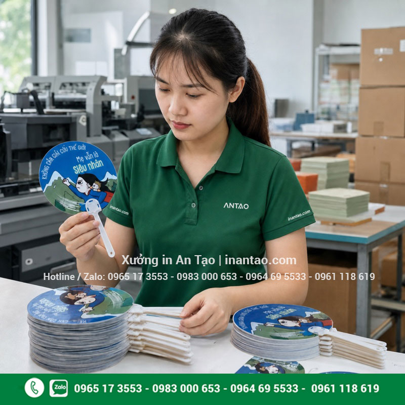 Kiểm tra quạt giấy tại xưởng intemhcm.com Nhân viên Việt Nam mặc đồng phục xanh kiểm tra quạt giấy in logo