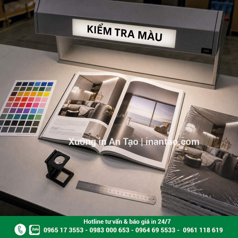Kiểm tra chất lượng tạp chí trước khi giao Kiểm tra màu sắc kích thước và độ sắc nét của tạp chí thành phẩm