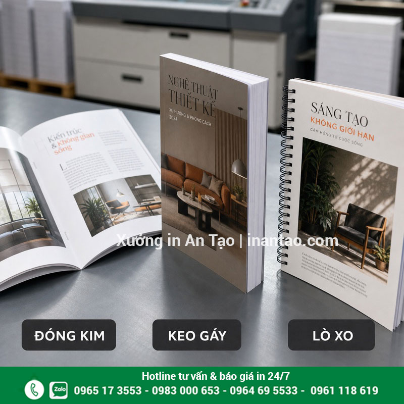 So sánh kiểu đóng cuốn khi in tạp chí Ba kiểu đóng cuốn tạp chí gồm đóng kim keo gáy và lò xo