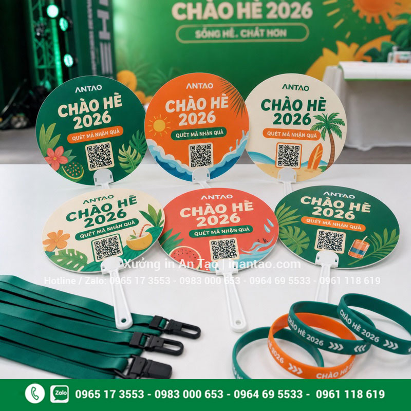 Mẫu quạt giấy quảng cáo cho chương trình mùa hè Quạt giấy quảng cáo in QR sẵn sàng phát tại sự kiện