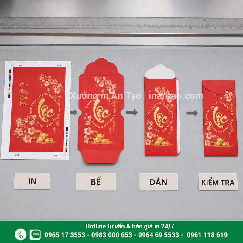 Quy trình sản xuất tại xưởng in bao lì xì Quy trình in bao lì xì từ in bế dán đến kiểm tra