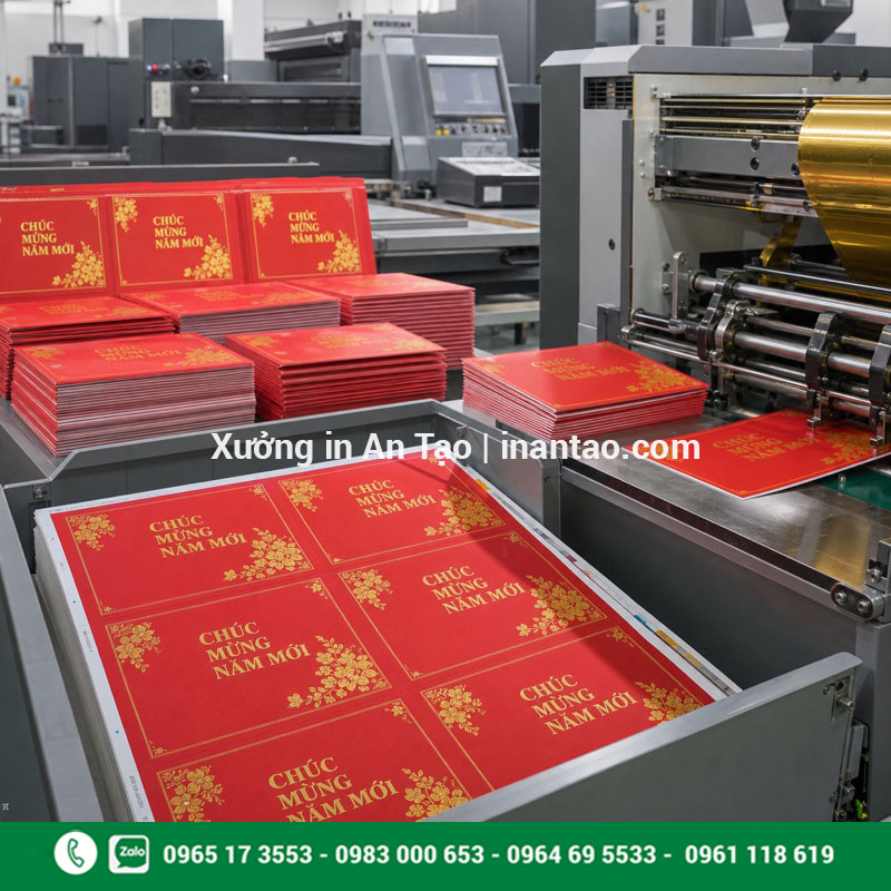 Quy trình in thiệp Tết từ bản in đến thành phẩm Quy trình in thiệp Tết bằng máy và gia công ép kim tại xưởng