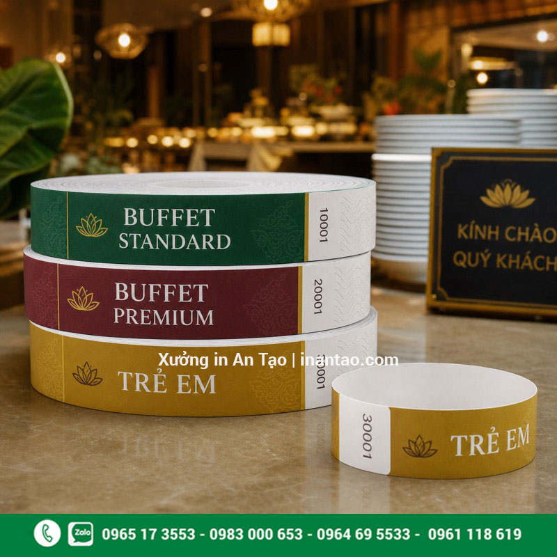 Mẫu in vòng đeo tay cho buffet Vòng đeo tay quản lý khách tham gia buffet theo hạng vé