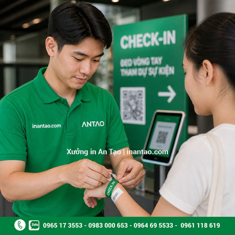 Nhân viên dùng vòng tay check in cho khách sự kiện Vòng tay check in sự kiện được đeo tại cổng