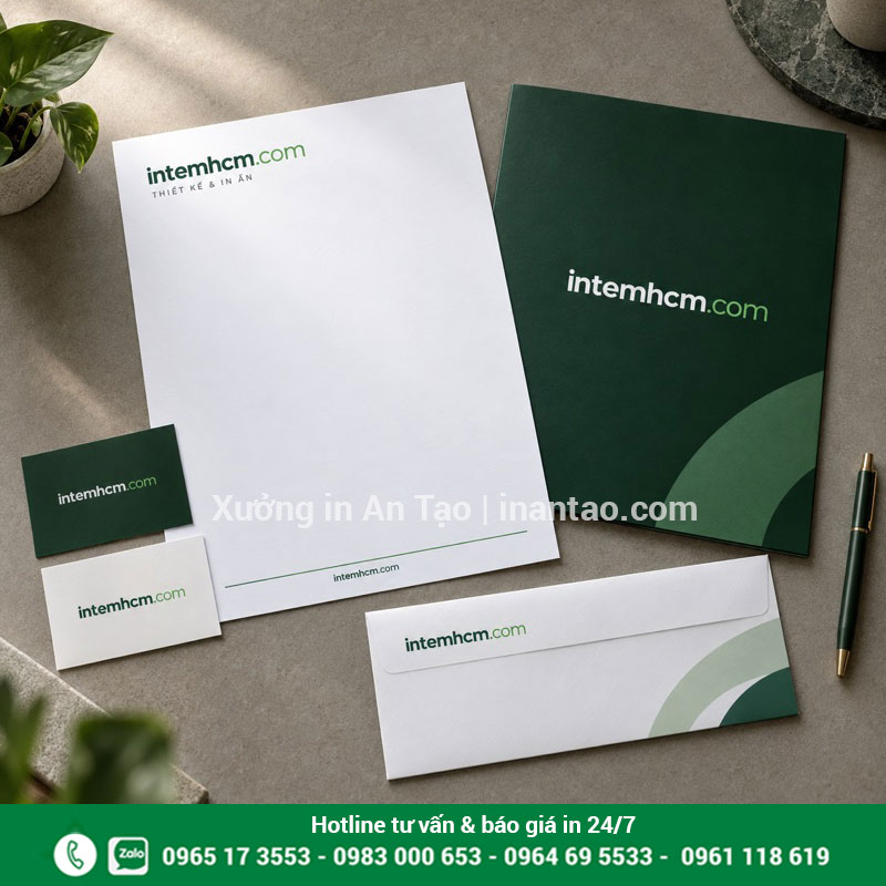 Bộ văn phòng phẩm đồng bộ cùng giấy tiêu đề Bộ giấy tiêu đề, danh thiếp, bao thư và bìa hồ sơ đồng bộ màu xanh