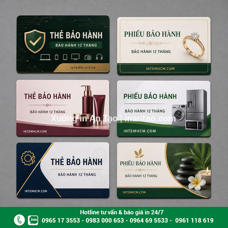 Mẫu in thẻ bảo hành theo nhiều lĩnh vực Các mẫu thẻ bảo hành cho điện tử, trang sức, mỹ phẩm và gia dụng
