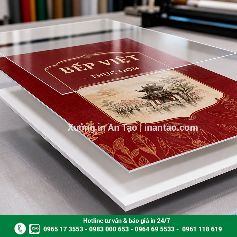 Cấu tạo menu bồi formex 3 lớp Cấu tạo in menu formex gồm màng, decal và tấm formex