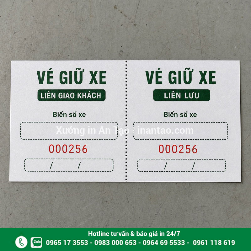 Mẫu vé giữ xe 2 liên dễ đối soát Cấu tạo vé giữ xe 2 liên có rãnh xé và số seri trùng nhau