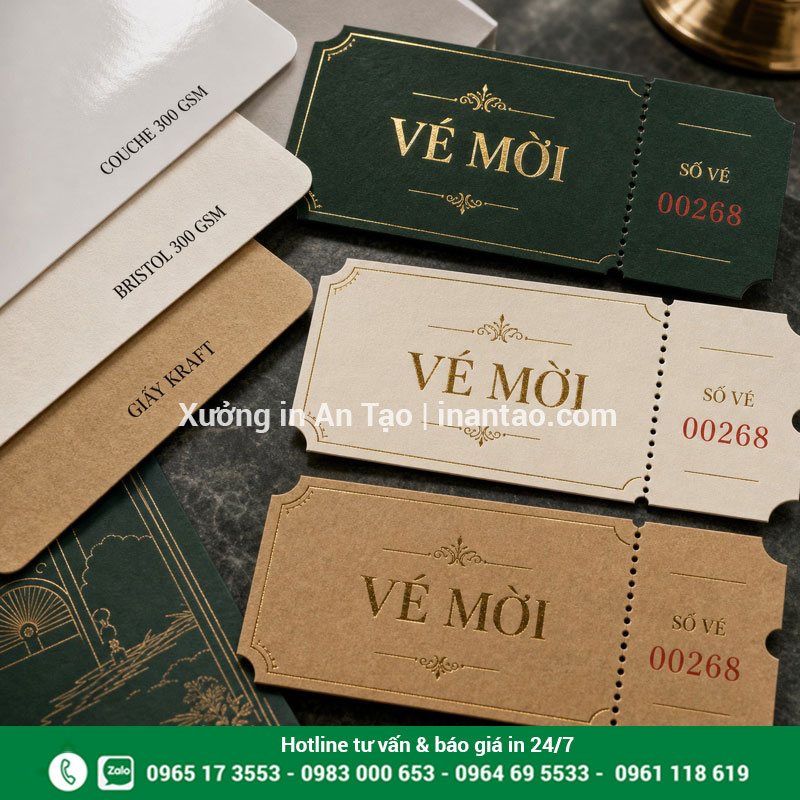 Chất liệu và gia công vé sự kiện Mẫu giấy Couche, Bristol, Kraft và ép kim cho vé sự kiện