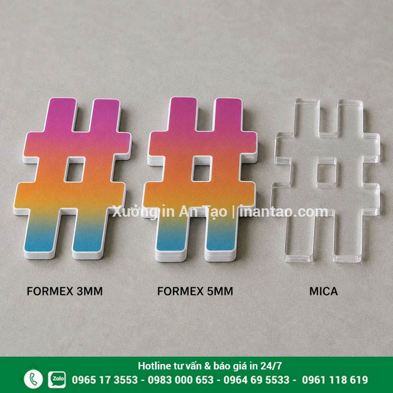 Chất liệu làm hashtag cầm tay bền đẹp So sánh formex 3 mm, formex 5 mm và mica khi in hashtag cầm tay