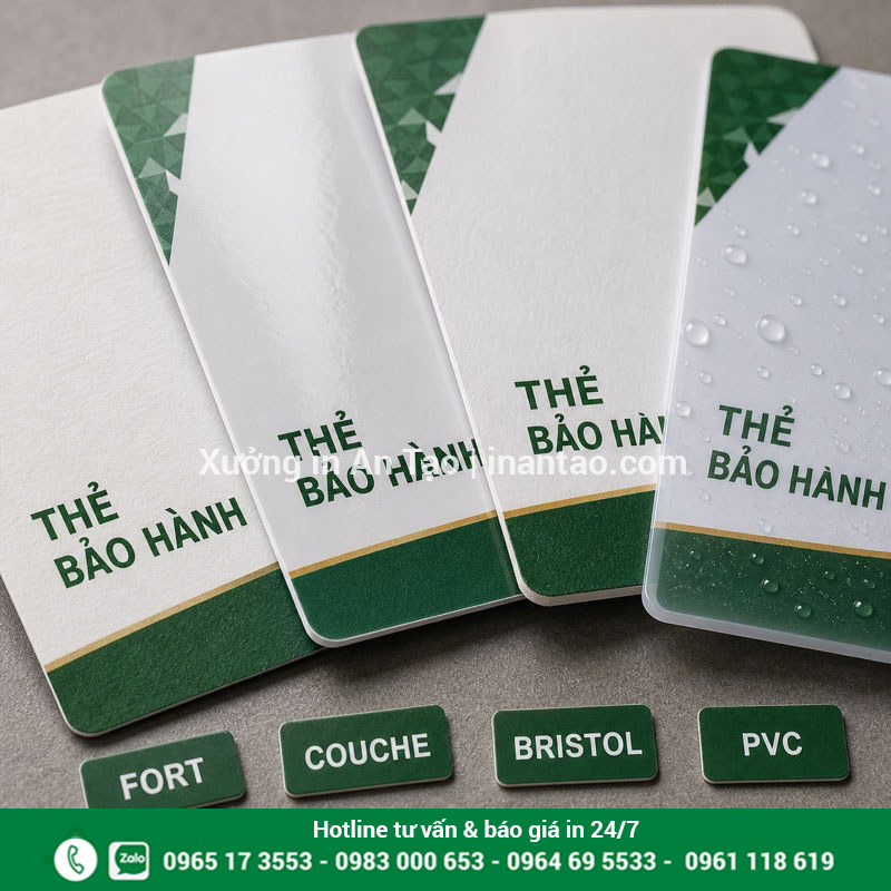Chất liệu in phiếu và thẻ bảo hành So sánh giấy Fort, Couche, Bristol và PVC làm phiếu bảo hành