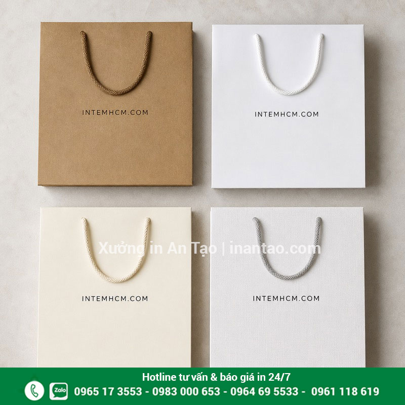 Các chất liệu in túi giấy phổ biến So sánh bề mặt giấy kraft, couche, ivory và giấy mỹ thuật dùng in túi giấy