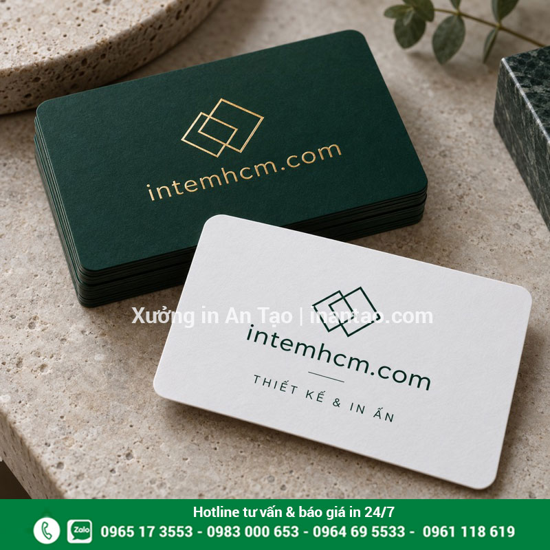 Mẫu danh thiếp ép kim và card bo góc Danh thiếp xanh đậm ép kim đặt cạnh mẫu card trắng bo góc