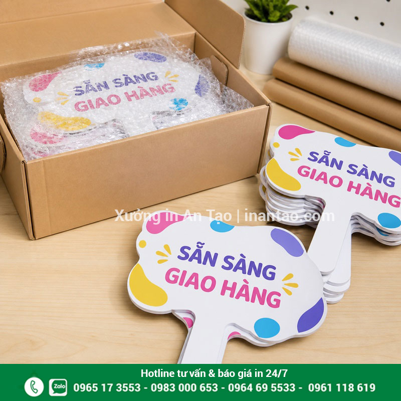 Hashtag cầm tay sẵn sàng giao tại TPHCM Đóng gói hashtag cầm tay trong màng bảo vệ và thùng carton