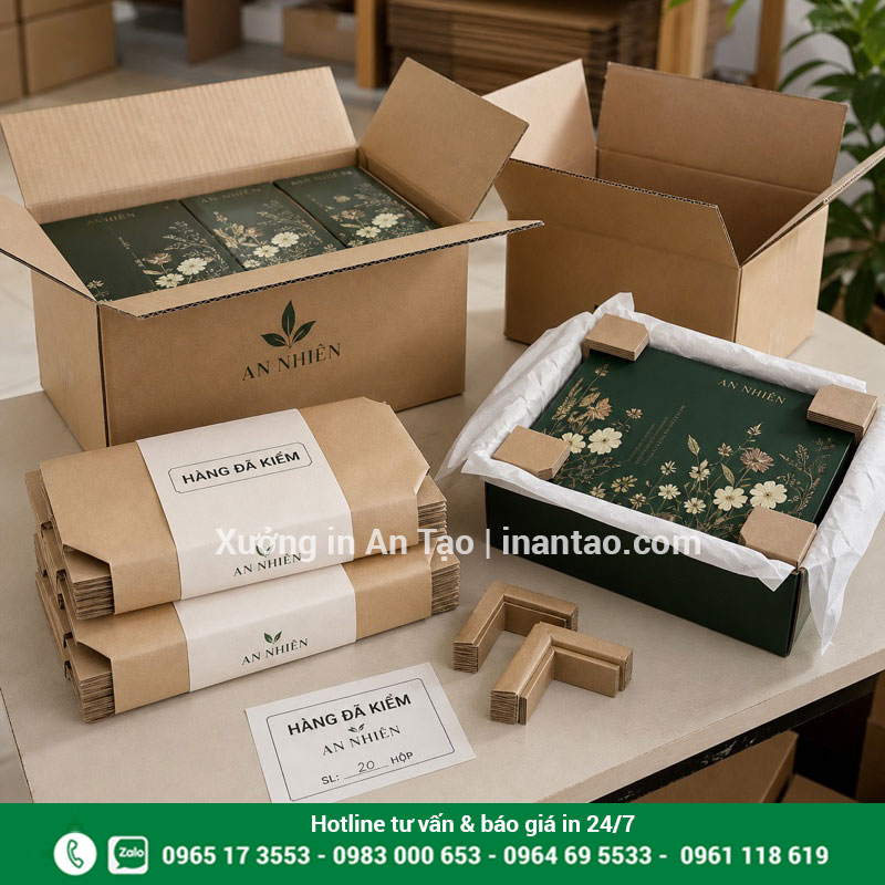 Đóng gói hộp giấy thành phẩm tại xưởng Hộp giấy thành phẩm được kiểm tra và đóng gói giao khách