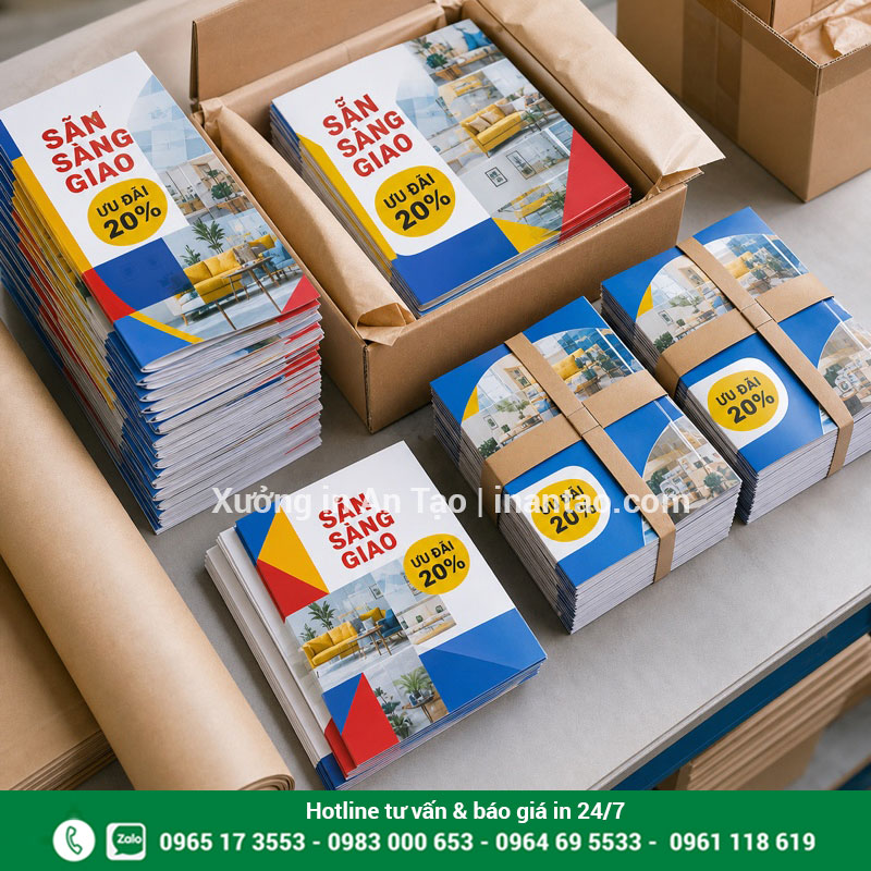 Đóng gói tờ rơi thành phẩm tại intemhcm.com Tờ rơi tờ gấp và brochure thành phẩm được đóng gói sẵn sàng giao