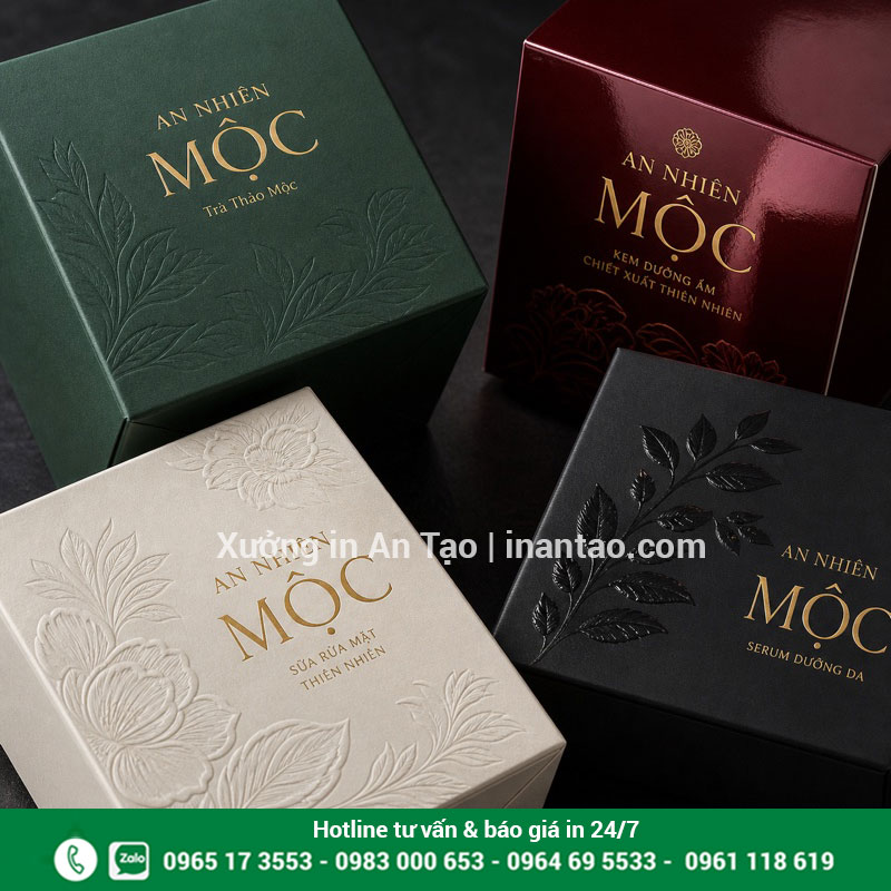 Gia công hộp giấy cao cấp sau in Hộp giấy cán mờ, cán bóng, ép kim, dập nổi và phủ UV