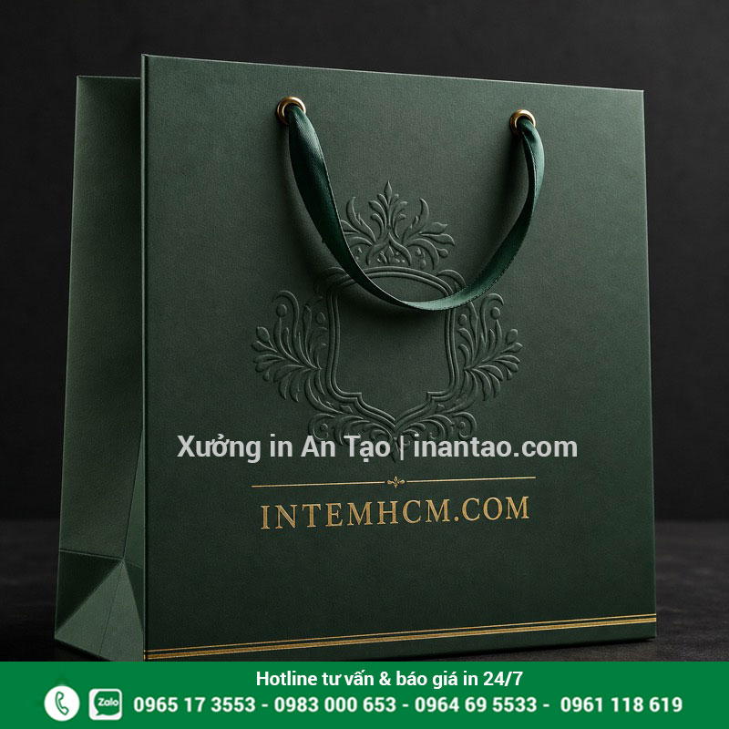 Gia công túi giấy cao cấp bằng ép kim và dập nổi Túi giấy màu xanh hoàn thiện ép kim, dập nổi và dây ruy băng