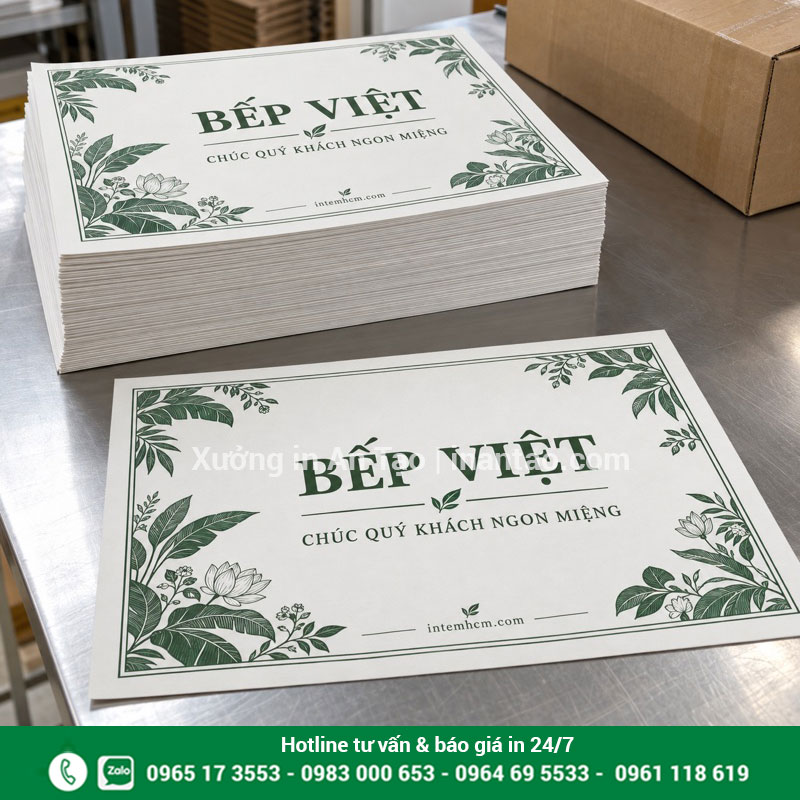 Thành phẩm giấy lót bàn ăn dùng 1 lần Xấp giấy lót bàn in hoàn chỉnh cùng một tờ mẫu trên bàn đóng gói