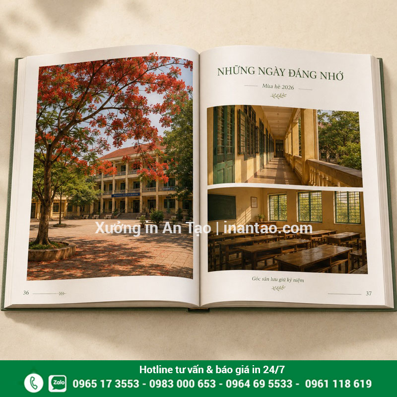 Trang đôi kỷ yếu với ảnh sân trường và lớp học Trang ảnh kỷ yếu mở đôi với hình sân trường, hành lang và lớp học