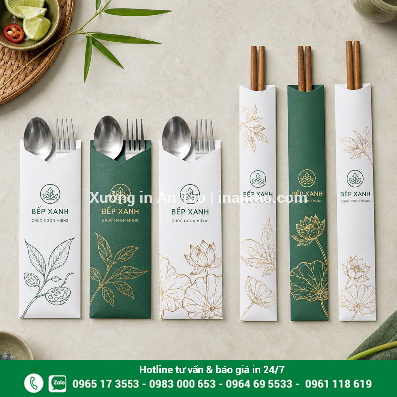 In bao muỗng và đũa theo bộ Mẫu in bao muỗng và bao đũa đồng bộ nhận diện nhà hàng